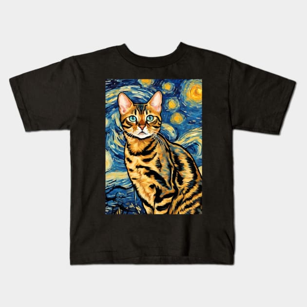 Bengal Cat Breed Painting in a Van Gogh Starry Night Art Style Kids T-Shirt by Art-Jiyuu